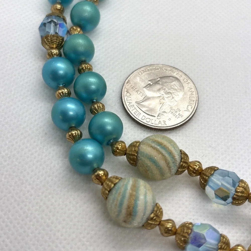 Vintage Aqua Blue Green Plastic Bead 2 Strand Tiered 16'' Necklace 1960s Retro‎